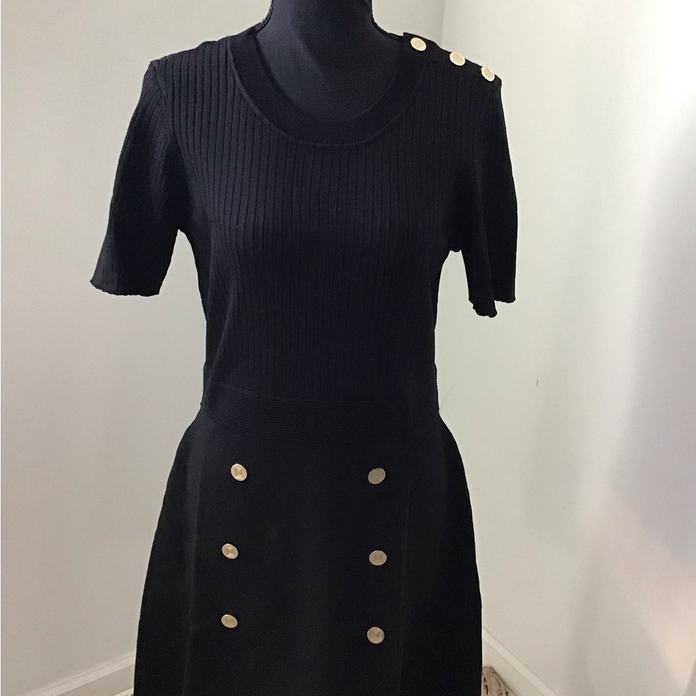 Karl Lagerfeld Black Knit Midi Dress with Gold Button Accents